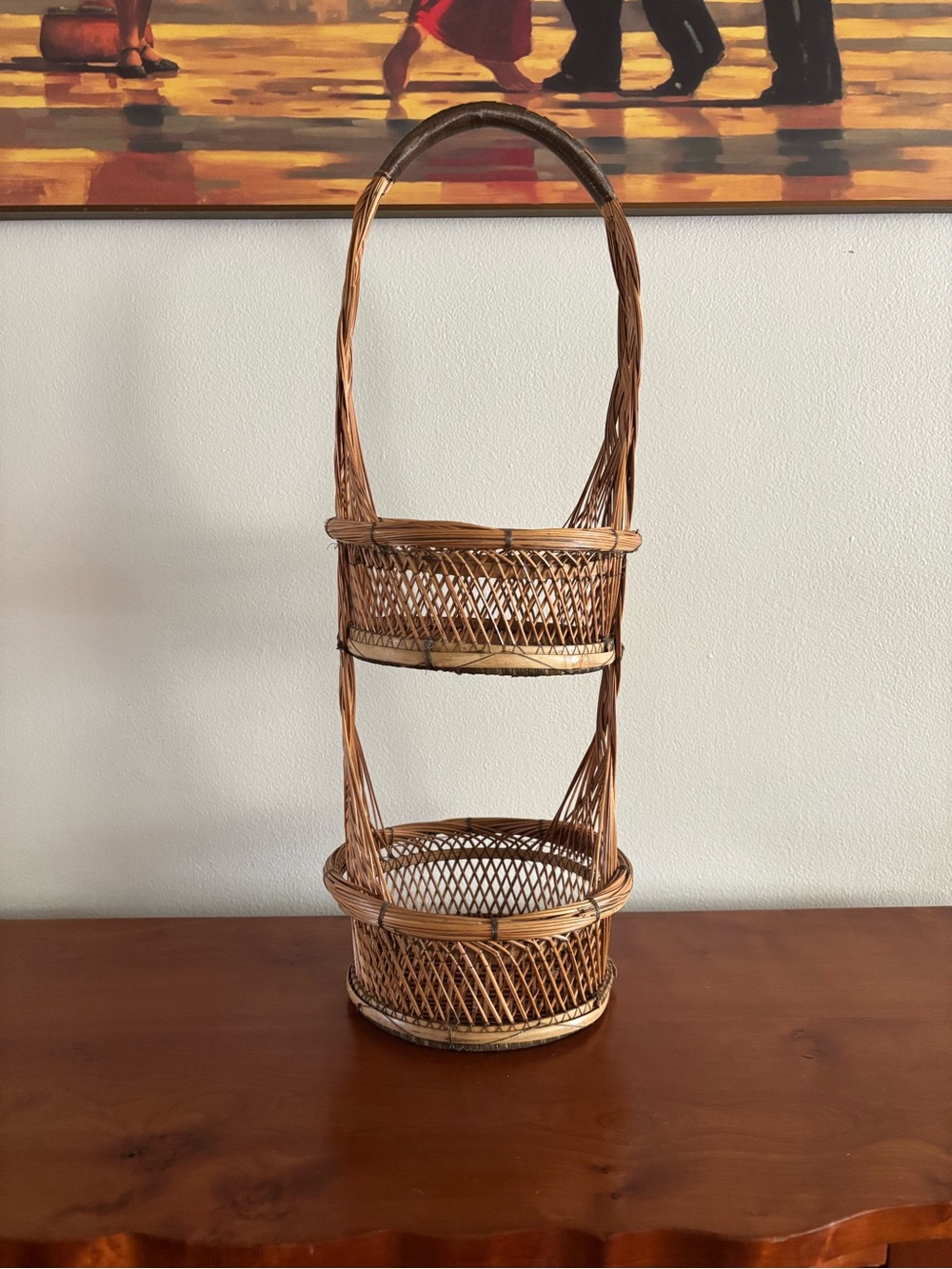 Woven Two-Tier Rattan Basket Stand